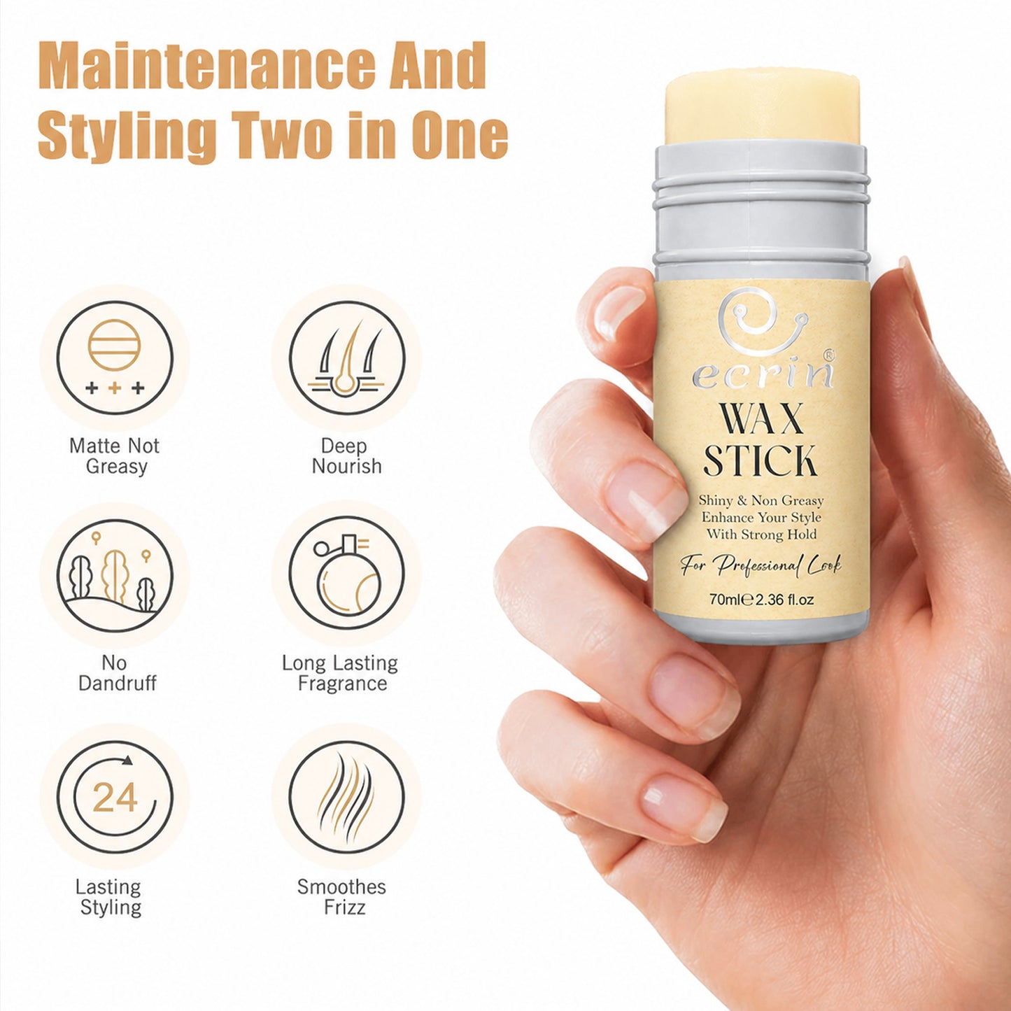 Ecrin Wax Stick – Strong Hold Hair Styling Stick for Flyaways, Frizz & Slick Back Styles | 70ml