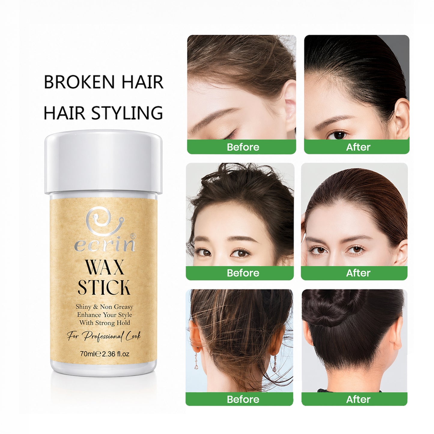 Ecrin Wax Stick – Strong Hold Hair Styling Stick for Flyaways, Frizz & Slick Back Styles | 70ml