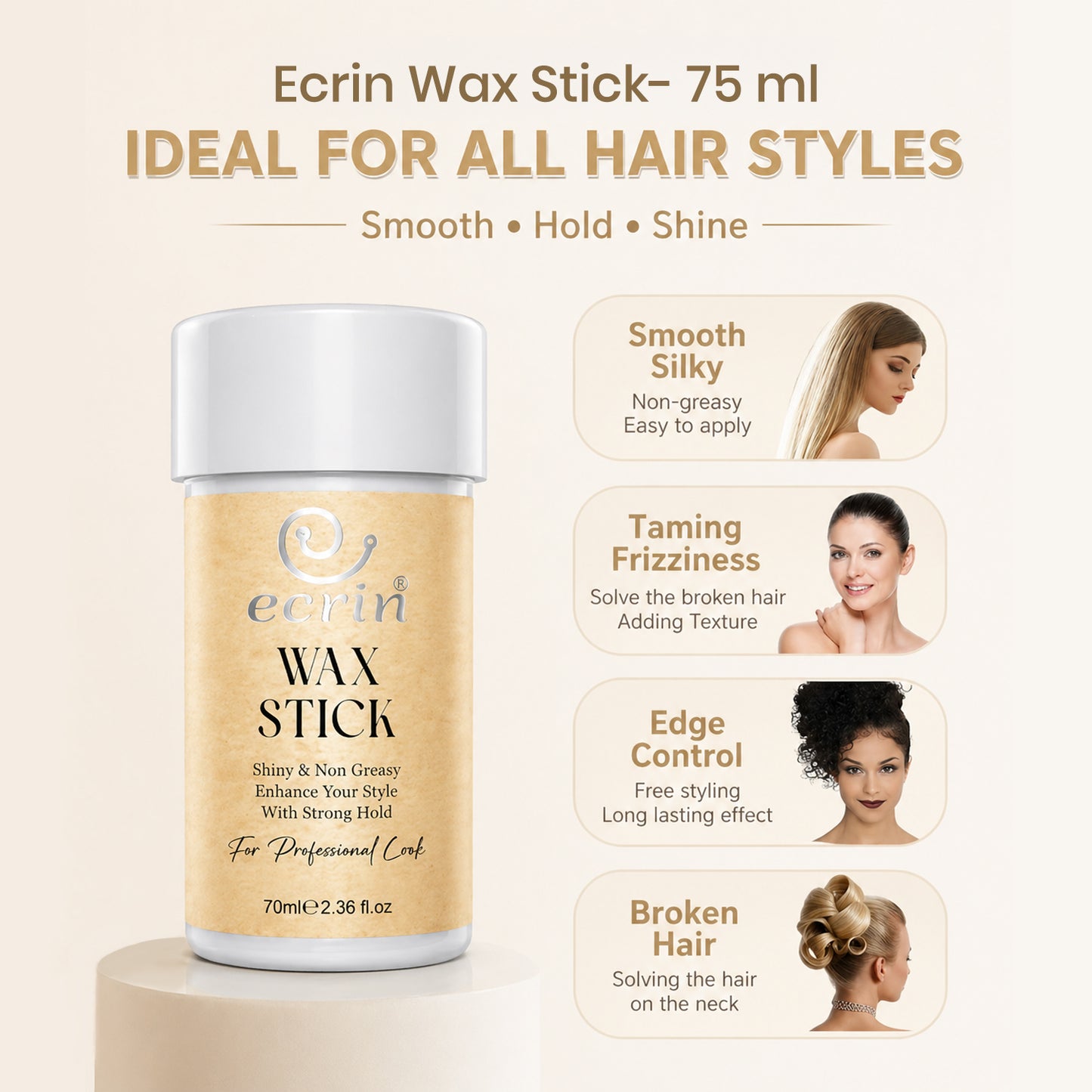 Ecrin Wax Stick – Strong Hold Hair Styling Stick for Flyaways, Frizz & Slick Back Styles | 70ml